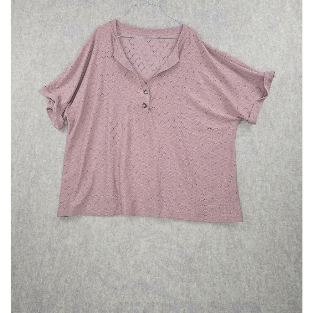 Loose-Fit Womens Henley Top Pink 5XL Elegant Circle Print